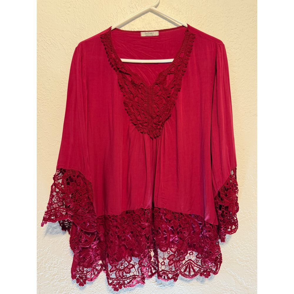 SoTeer Magenta Red Crochet Lace Trim Boho Bell Sleeve Blouse Large